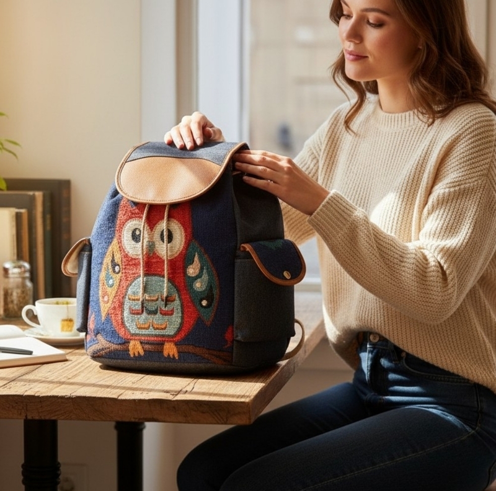 NWOT Handmade Owl Design Backpack - Blue and Brown